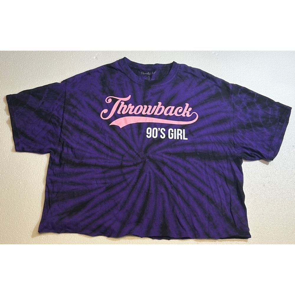 Popular Girl Throwback 90s Girl Tie Dye Crop Top XL Purple Black Raw Hem Tee‎